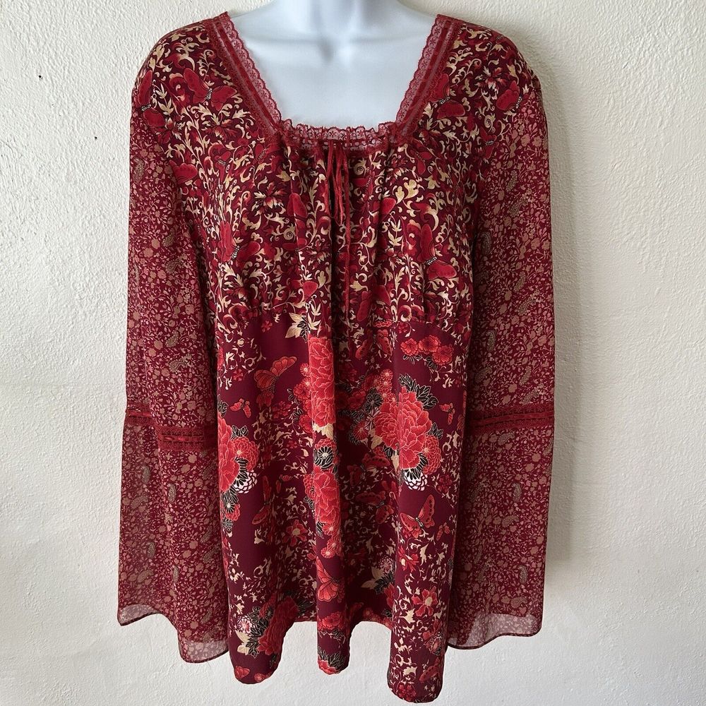 Y2K 90s Faded glory womens 26W Boho Mixed Print Butterfly Blouse Flare Lace Boho